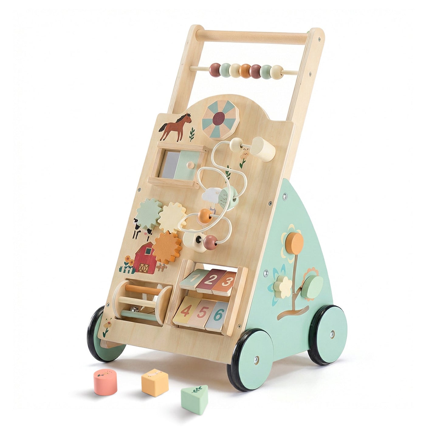 Wooden Baby Walker with Montessori Activity Center – Adjustable Speed | Silent Wheels