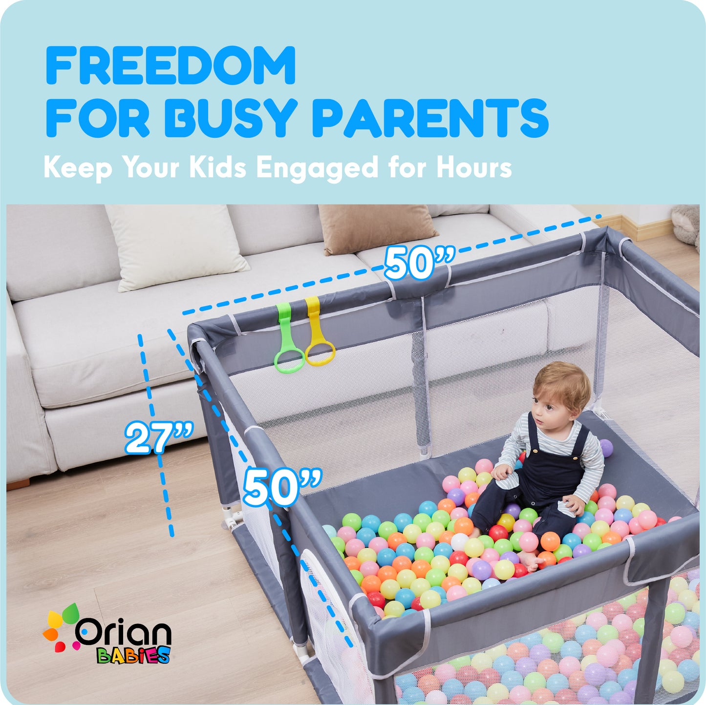 Orian Baby Playpen 50x50 Large Playpen for Babies and Toddlers, Oxford Fabric, Indoor & Outdoor Play Pen, 10 Colorful Balls, 4 Pull Up Rings, Carry Bag