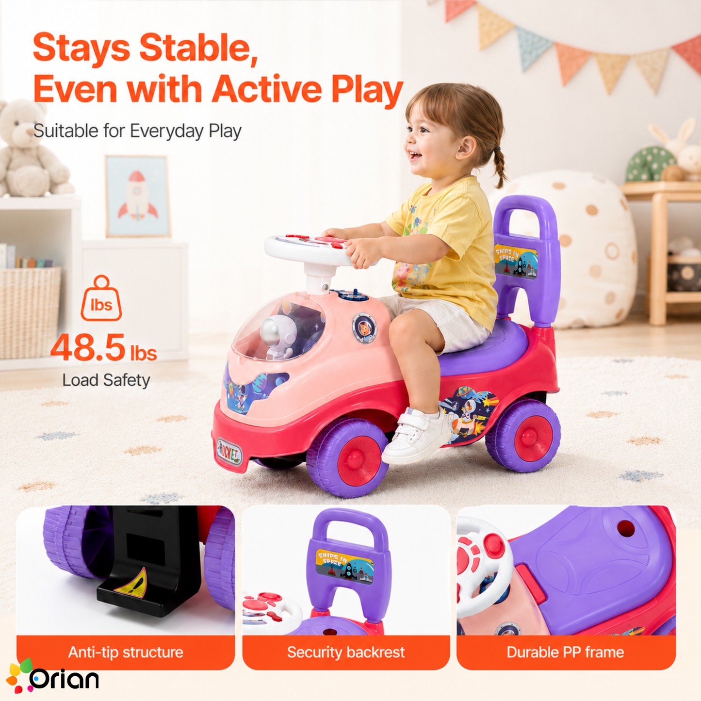 Orian toddler ride-on push car in pink