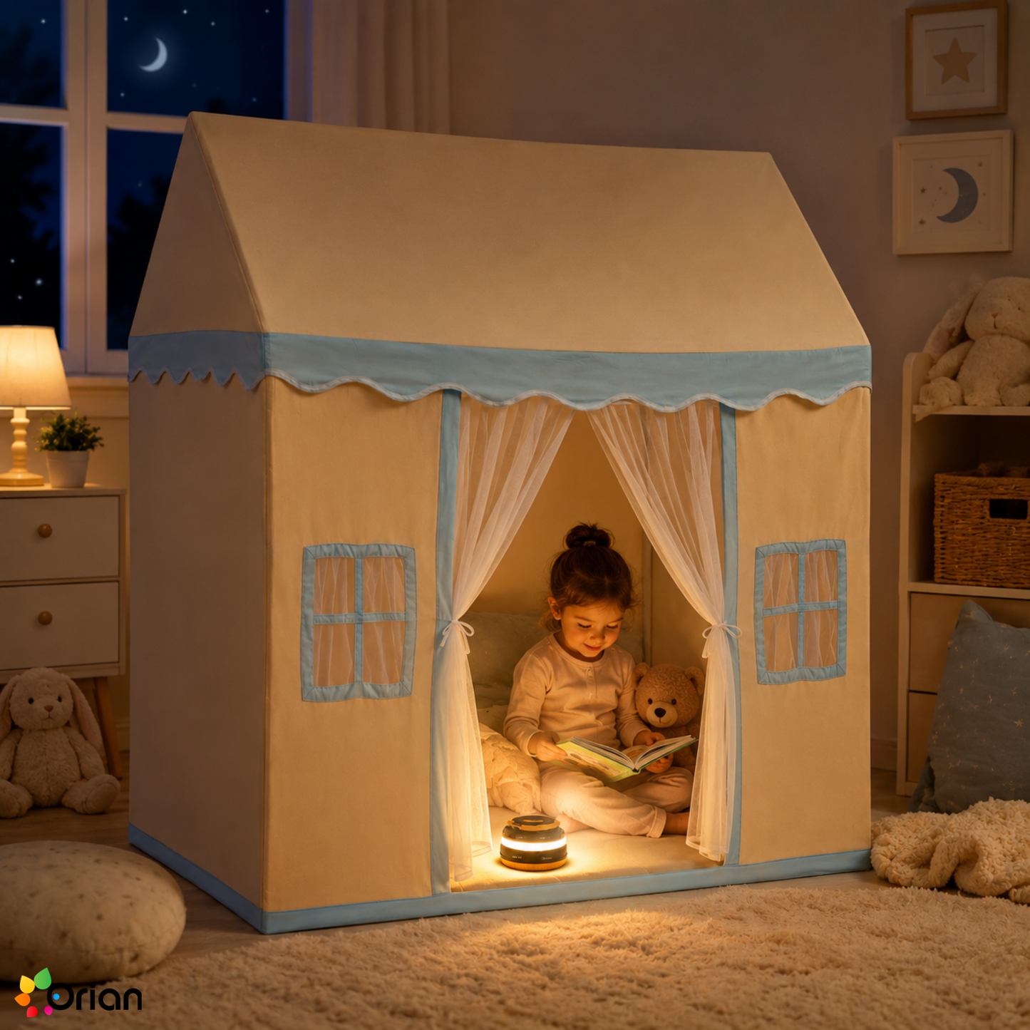 Orian beige kids castle play tent with mat and lamp
