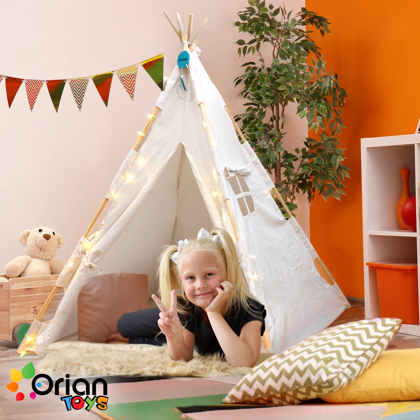 Orian Kids Indoor Teepee Play Tent With LED Star Lights and Dream Catcher - For Boys and Girls