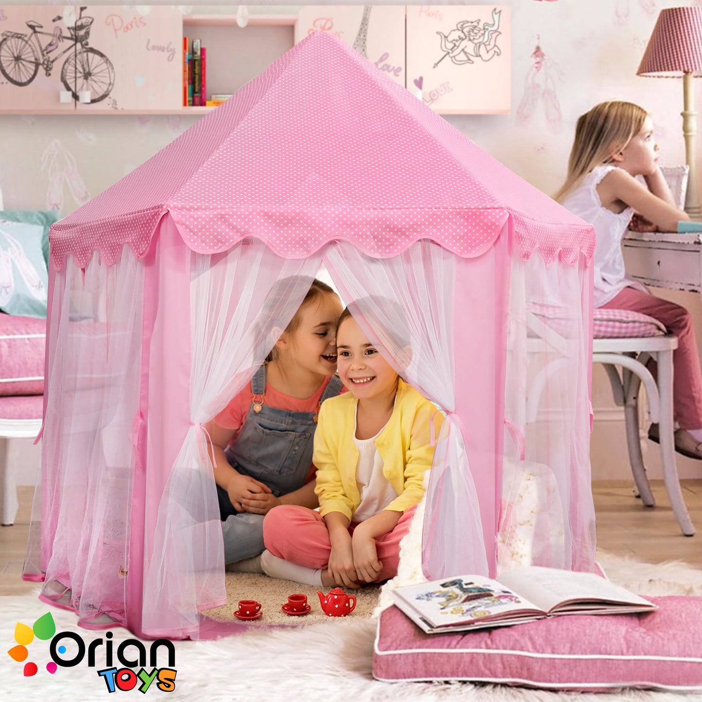 ORIAN Princess Castle Playhouse Tent for Girls with LED Star Lights – Indoor & Outdoor Large Kids Play Tent for Imaginative Games – ASTM Certified, 230 Polyester Taffeta. Pink 55"x53".