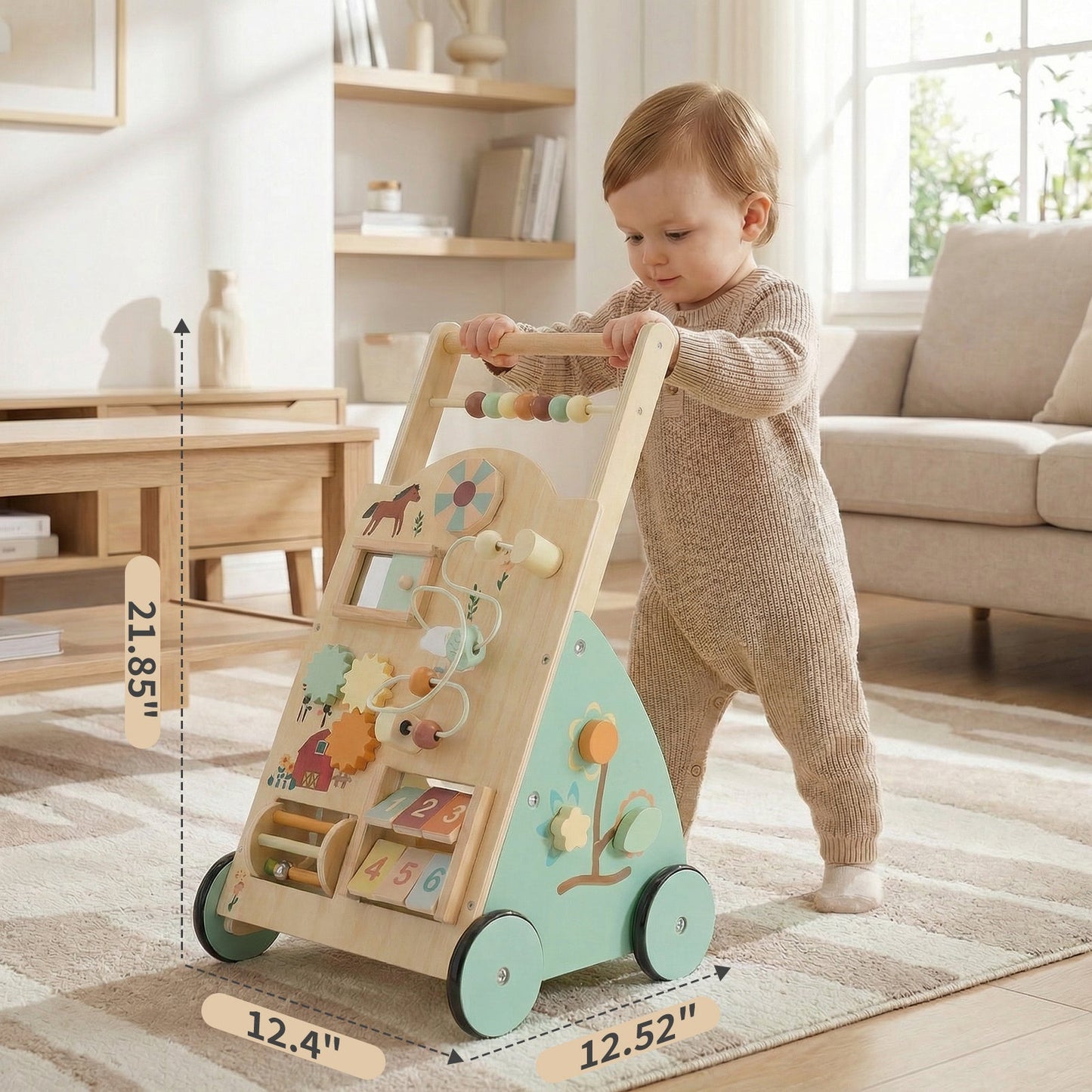 Wooden Baby Walker with Montessori Activity Center – Adjustable Speed | Silent Wheels