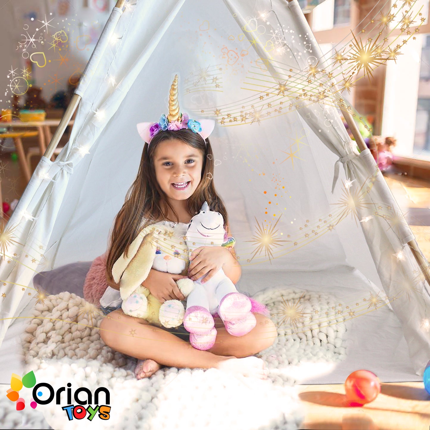 Orian Kids Indoor Teepee Play Tent With LED Star Lights and Dream Catcher - For Boys and Girls