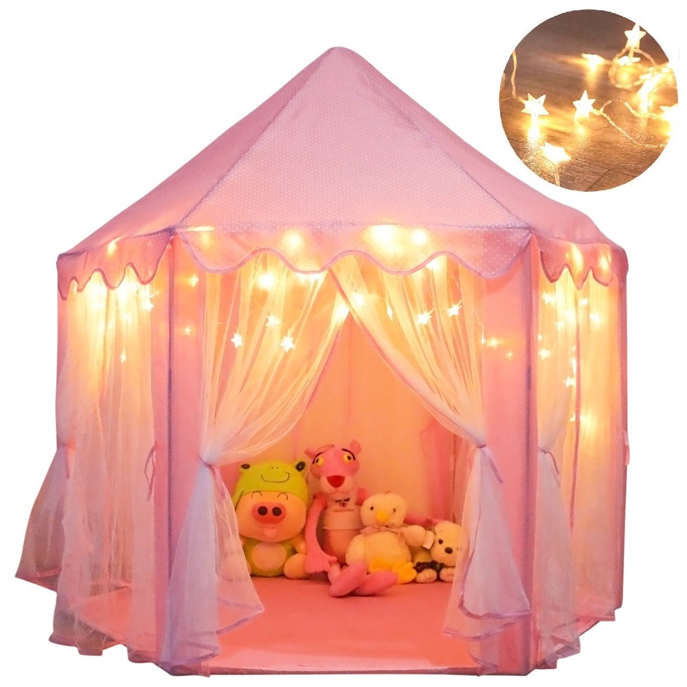 ORIAN Princess Castle Playhouse Tent for Girls with LED Star Lights – Indoor & Outdoor Large Kids Play Tent for Imaginative Games – ASTM Certified, 230 Polyester Taffeta. Pink 55"x53".