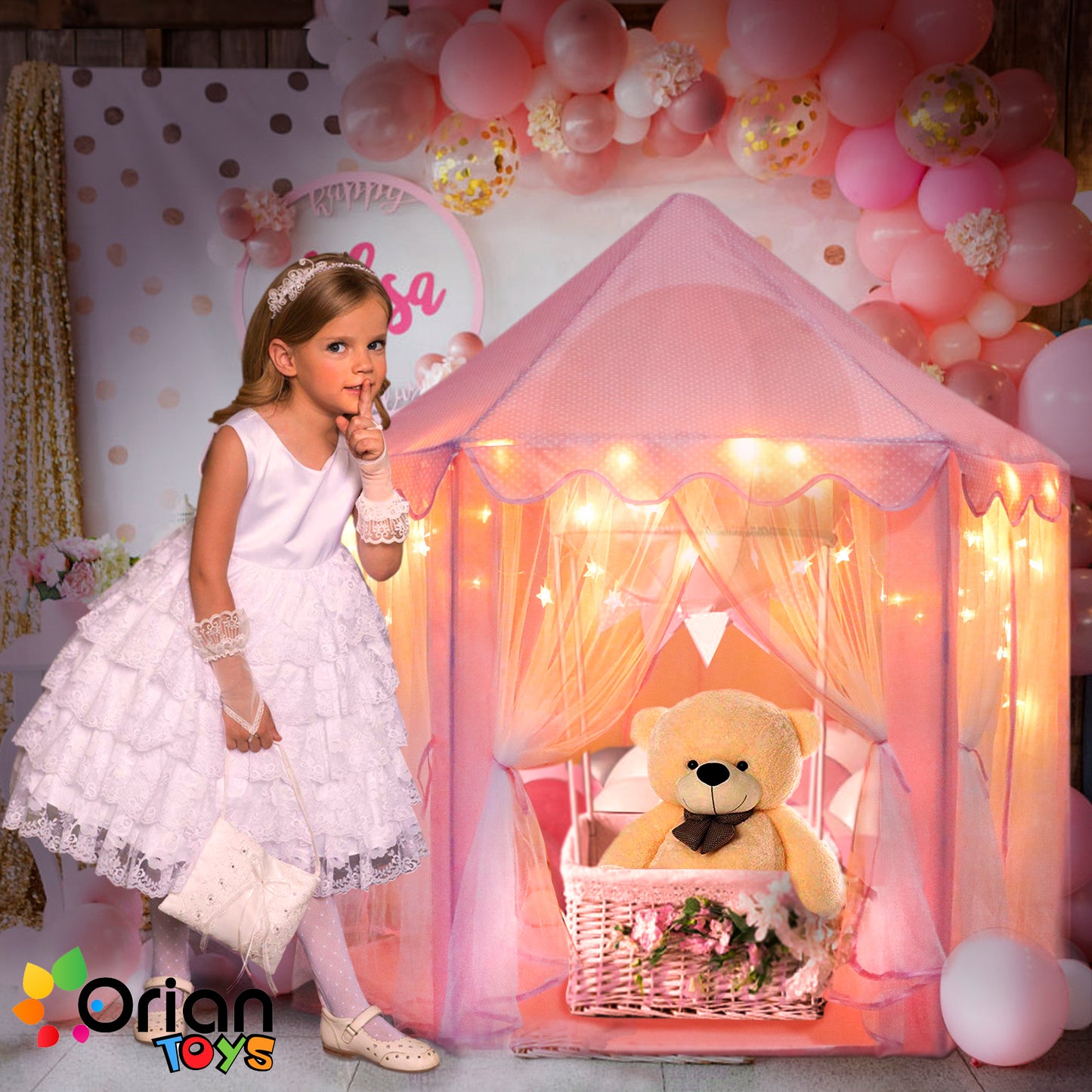 ORIAN Princess Castle Playhouse Tent for Girls with LED Star Lights – Indoor & Outdoor Large Kids Play Tent for Imaginative Games – ASTM Certified, 230 Polyester Taffeta. Pink 55"x53".