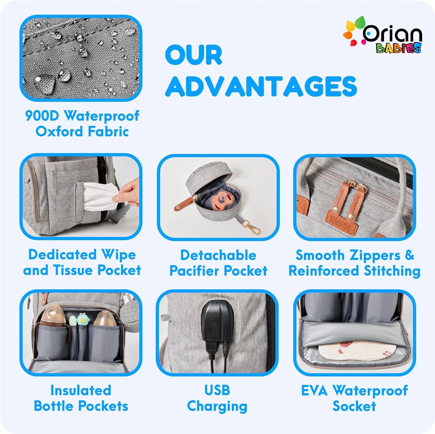 ORIAN Diaper Bag Backpack, Diaper Bag with Baby Changing Station, Large Travel Diaper Bag, Mosquito Net, USB Charging Port, Waterproof Unisex Baby Bag - 3 bonus gifts