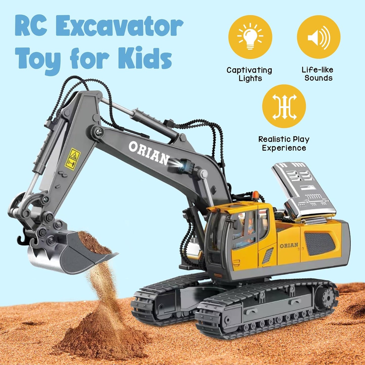 ORIAN Remote Control Excavator Toy for Boys 4-7 - RC Excavator Toy Turns 680 Degree-2 Batteries – Excavator Toys for Boys with Realistic Lights & Sounds– Backhoe with Metal Shovel Gifts