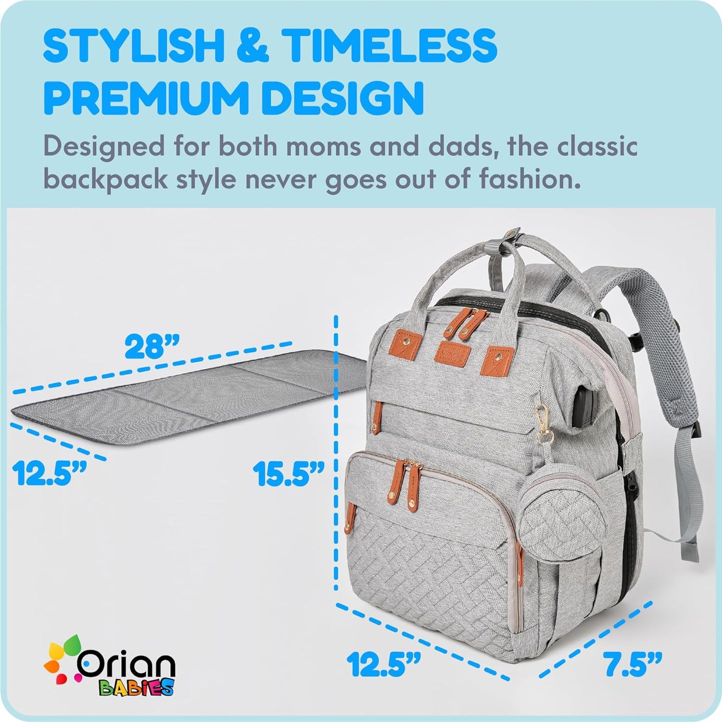 ORIAN Diaper Bag Backpack, Diaper Bag with Baby Changing Station, Large Travel Diaper Bag, Mosquito Net, USB Charging Port, Waterproof Unisex Baby Bag - 3 bonus gifts