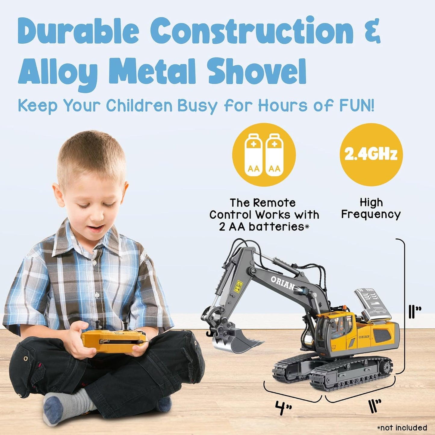 ORIAN Remote Control Excavator Toy for Boys 4-7 - RC Excavator Toy Turns 680 Degree-2 Batteries – Excavator Toys for Boys with Realistic Lights & Sounds– Backhoe with Metal Shovel Gifts