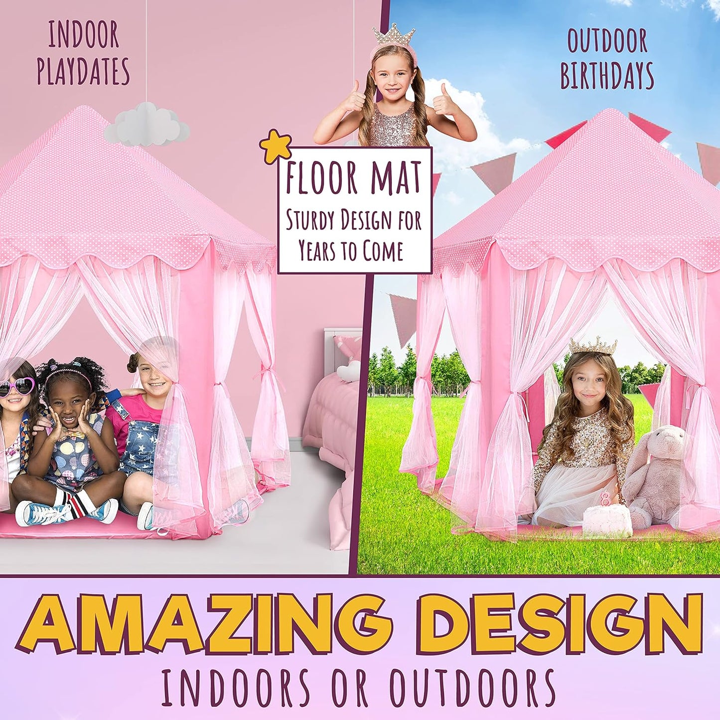 ORIAN Princess Castle Playhouse Tent for Girls with LED Star Lights – Indoor & Outdoor Large Kids Play Tent for Imaginative Games – ASTM Certified, 230 Polyester Taffeta. Pink 55"x53".