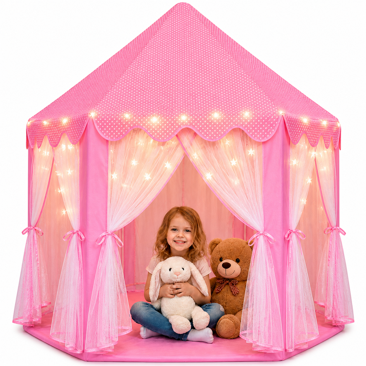 ORIAN Princess Castle Playhouse Tent for Girls with LED Star Lights – Indoor & Outdoor Large Kids Play Tent for Imaginative Games – ASTM Certified, 230 Polyester Taffeta. Pink 55"x53".