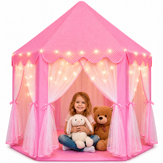 ORIAN Princess Castle Playhouse Tent for Girls with LED Star Lights – Indoor & Outdoor Large Kids Play Tent for Imaginative Games – ASTM Certified, 230 Polyester Taffeta. Pink 55"x53".