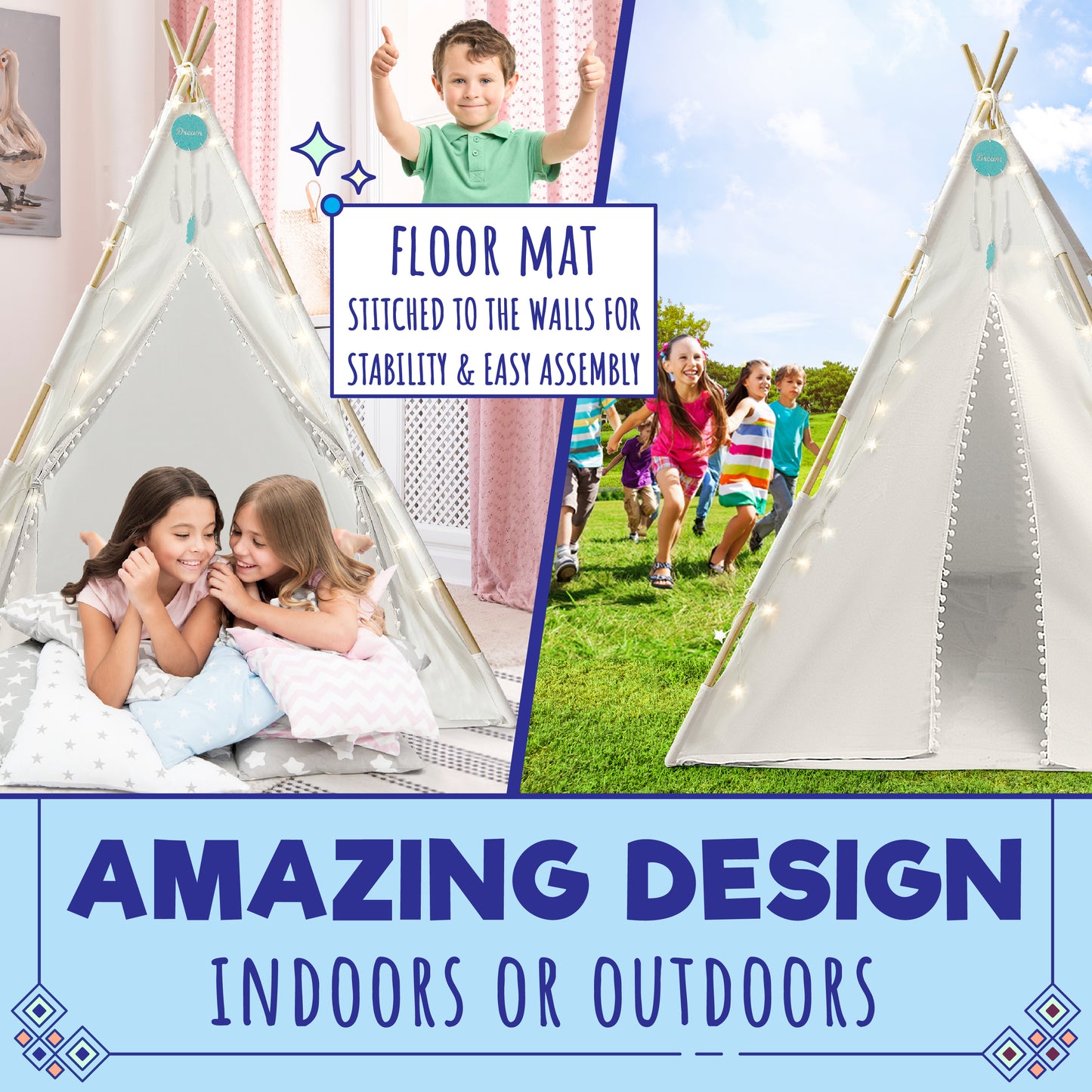 Orian Teepee Tent for Kids - A Fairytale Kids Teepee, Pompom Ball Design, with LED Star Lights, Dream Catcher - Strong Indoor Teepee for Toddlers 1-3, Kids Teepee Tent for Boys & Girls.