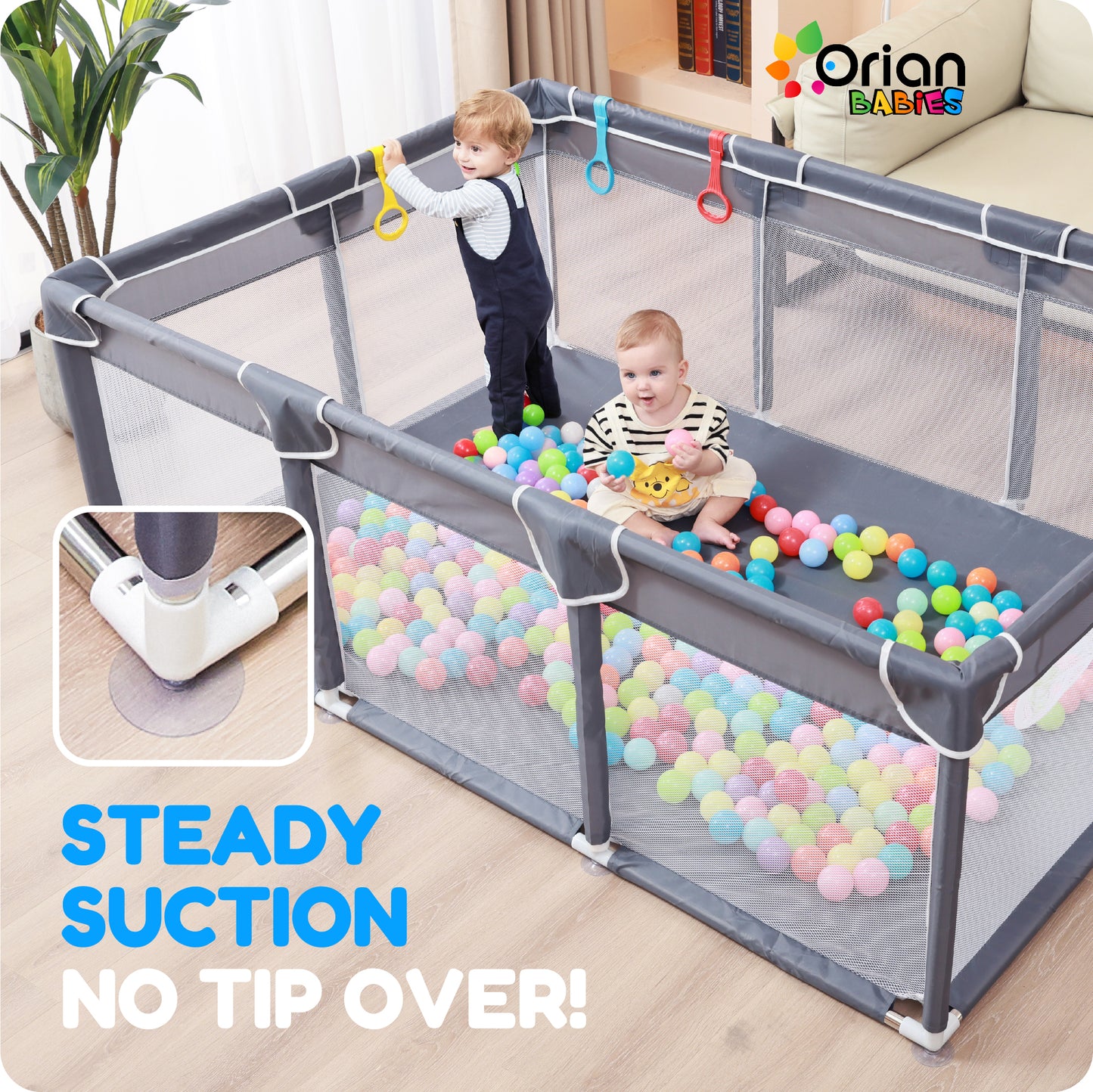Orian Baby Playpen 50x74 XL Size for Babies and Toddlers, Oxford Fabric, Indoor & Outdoor Play Pen, Includes 10 Colorful Balls, 4 Pull Up Rings, Carry Bag