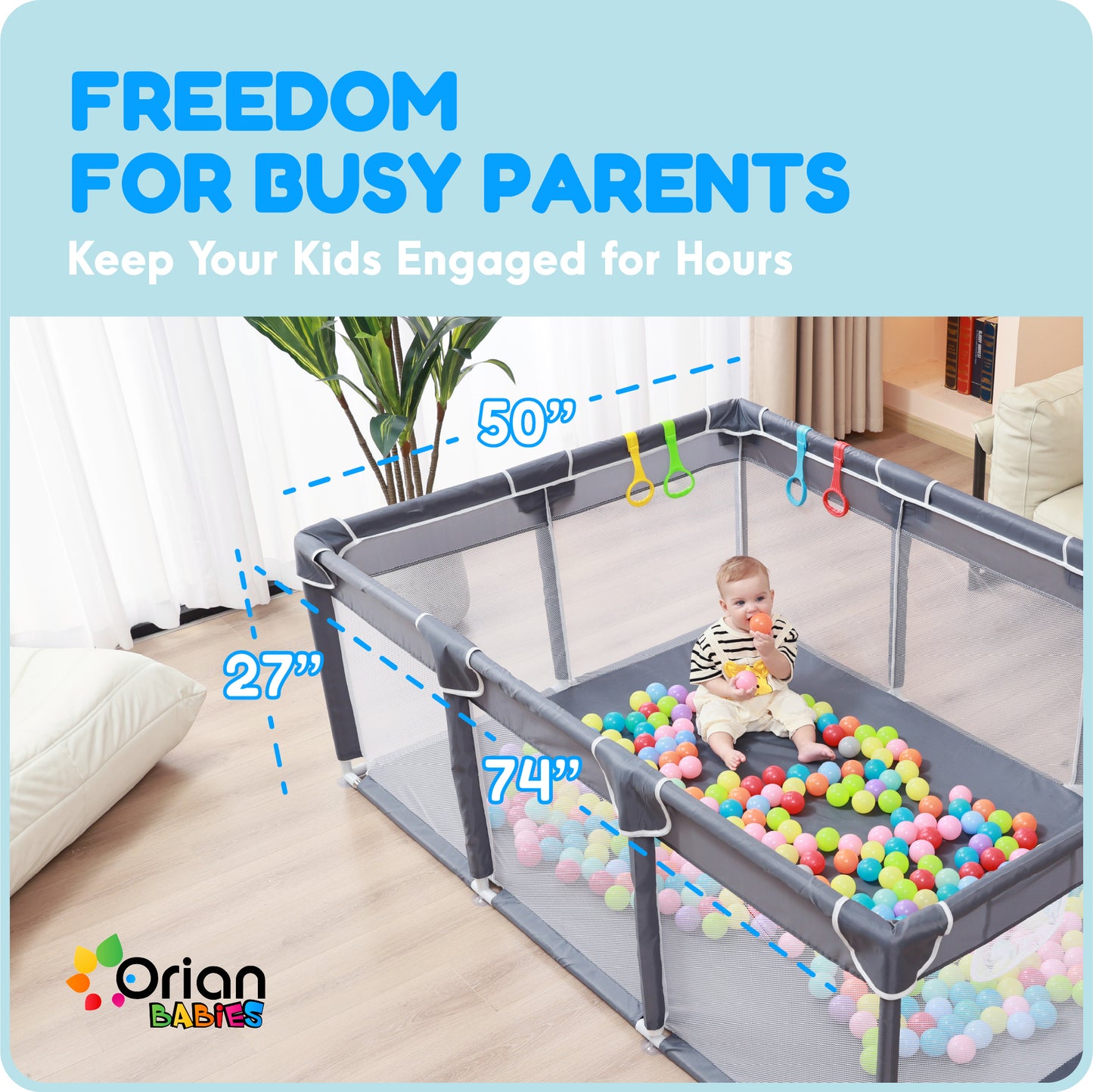 Orian Baby Playpen 50x74 XL Size for Babies and Toddlers, Oxford Fabric, Indoor & Outdoor Play Pen, Includes 10 Colorful Balls, 4 Pull Up Rings, Carry Bag