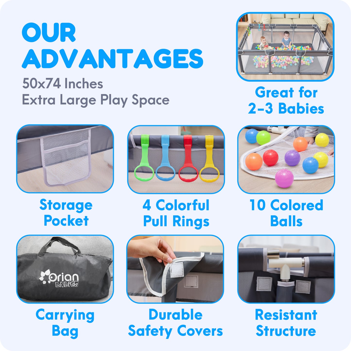 Orian Baby Playpen 50x74 XL Size for Babies and Toddlers, Oxford Fabric, Indoor & Outdoor Play Pen, Includes 10 Colorful Balls, 4 Pull Up Rings, Carry Bag