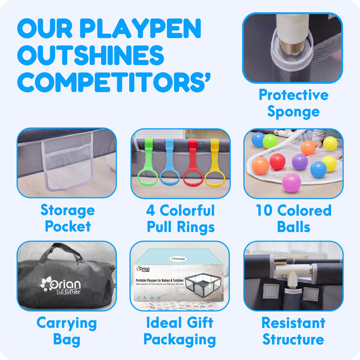 Orian Baby Playpen 50x74 XL Size for Babies and Toddlers, Oxford Fabric, Indoor & Outdoor Play Pen, Includes 10 Colorful Balls, 4 Pull Up Rings, Carry Bag