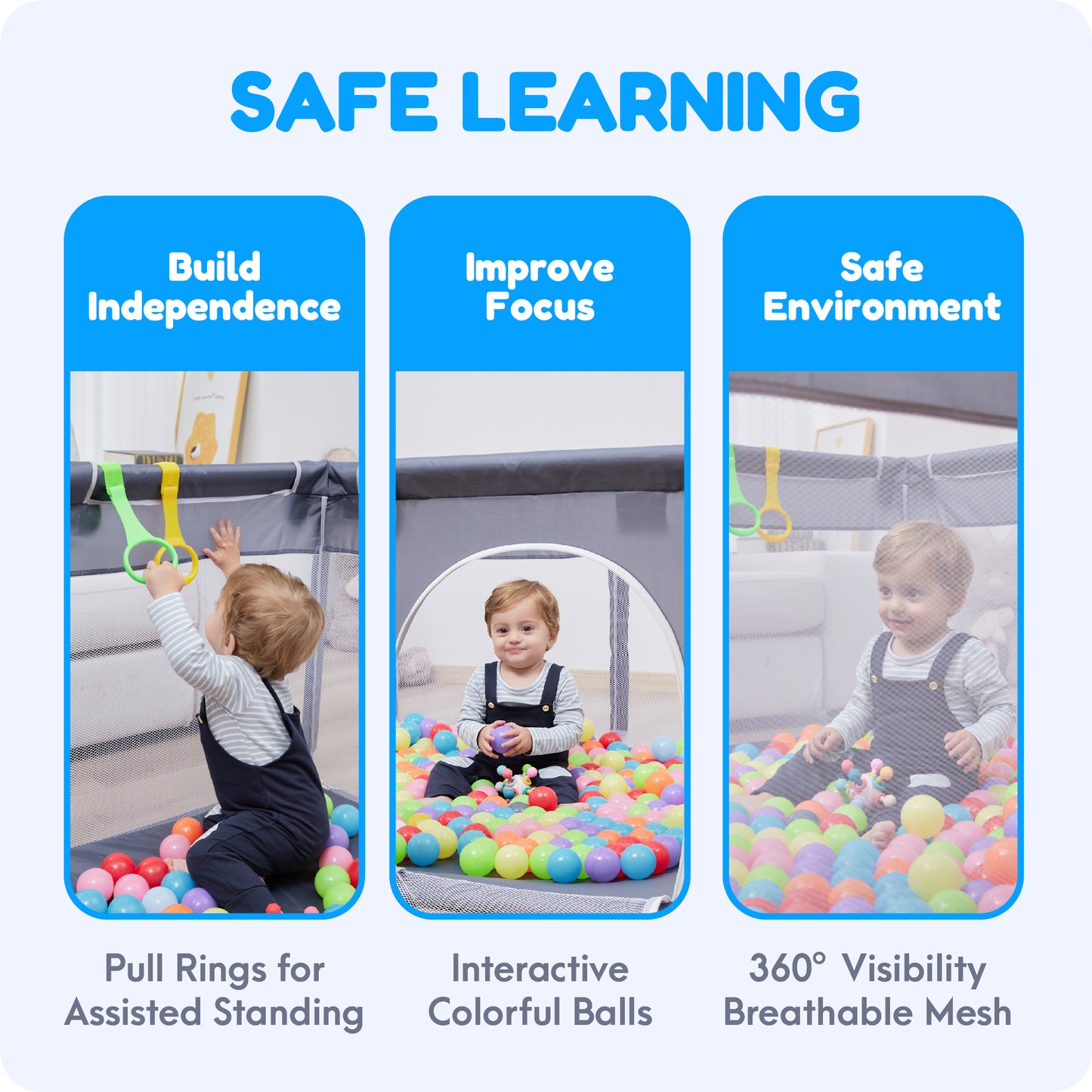 Orian Baby Playpen 50x74 XL Size for Babies and Toddlers, Oxford Fabric, Indoor & Outdoor Play Pen, Includes 10 Colorful Balls, 4 Pull Up Rings, Carry Bag