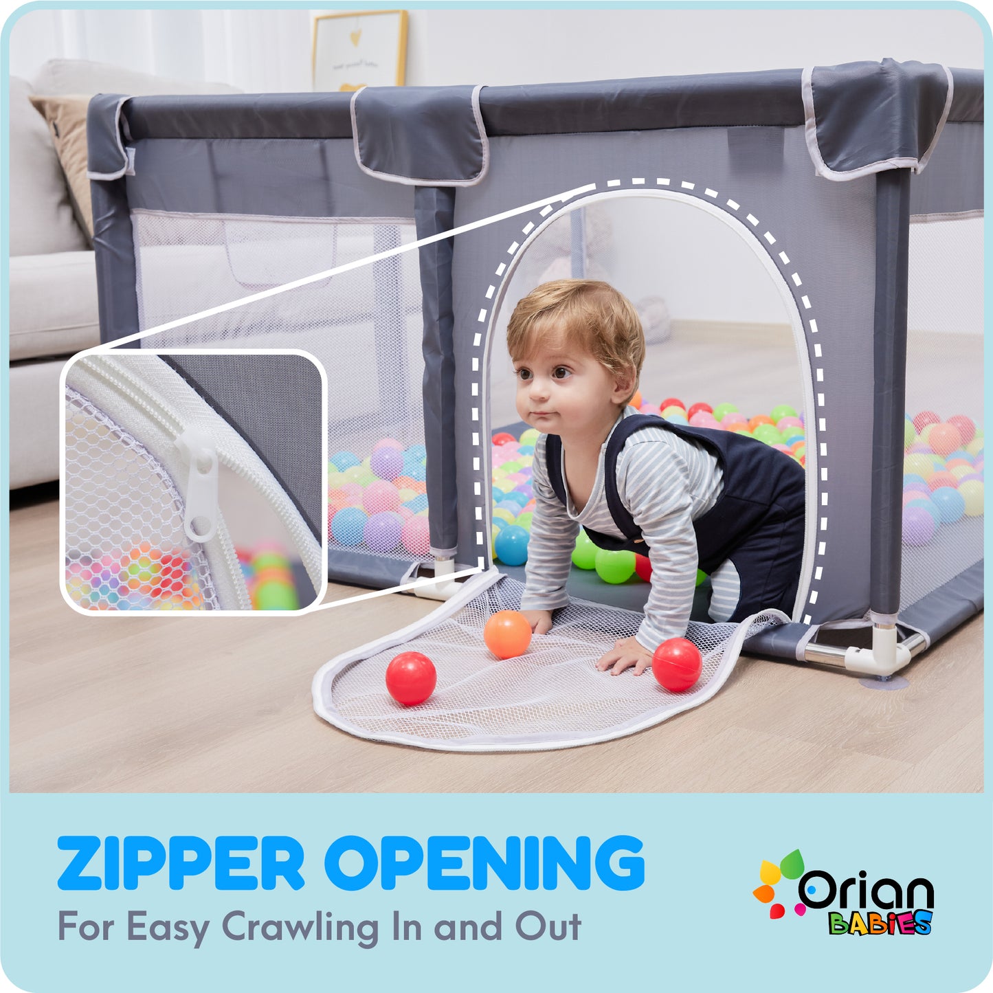 Orian Baby Playpen 50x50 Large Playpen for Babies and Toddlers, Oxford Fabric, Indoor & Outdoor Play Pen, 10 Colorful Balls, 4 Pull Up Rings, Carry Bag