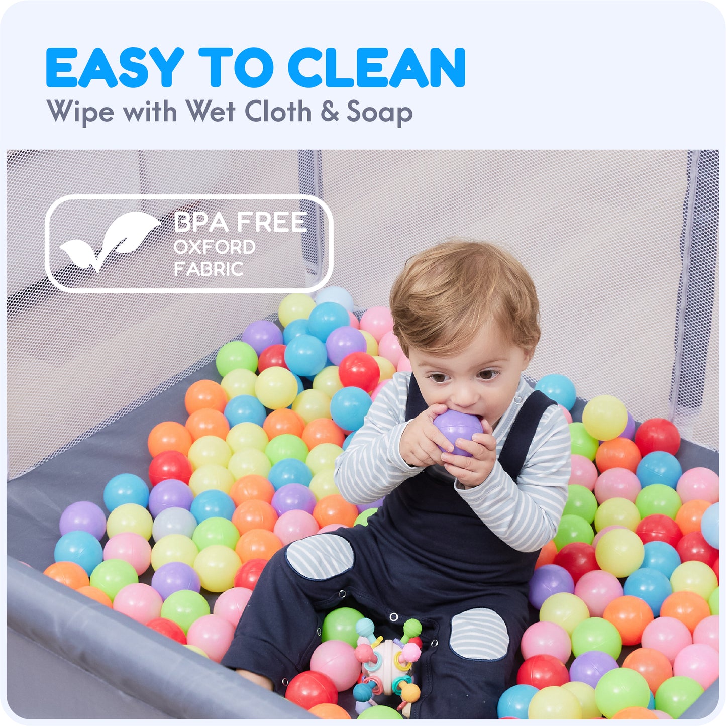 Orian Baby Playpen 50x74 XL Size for Babies and Toddlers, Oxford Fabric, Indoor & Outdoor Play Pen, Includes 10 Colorful Balls, 4 Pull Up Rings, Carry Bag