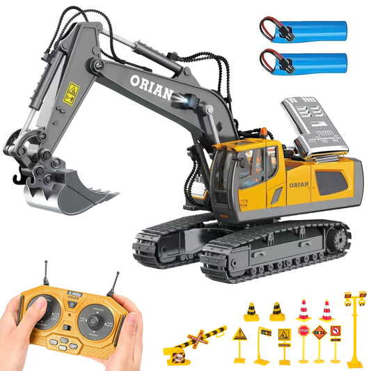 ORIAN Remote Control Excavator Toy for Boys 4-7 - RC Excavator Toy Turns 680 Degree-2 Batteries – Excavator Toys for Boys with Realistic Lights & Sounds– Backhoe with Metal Shovel Gifts