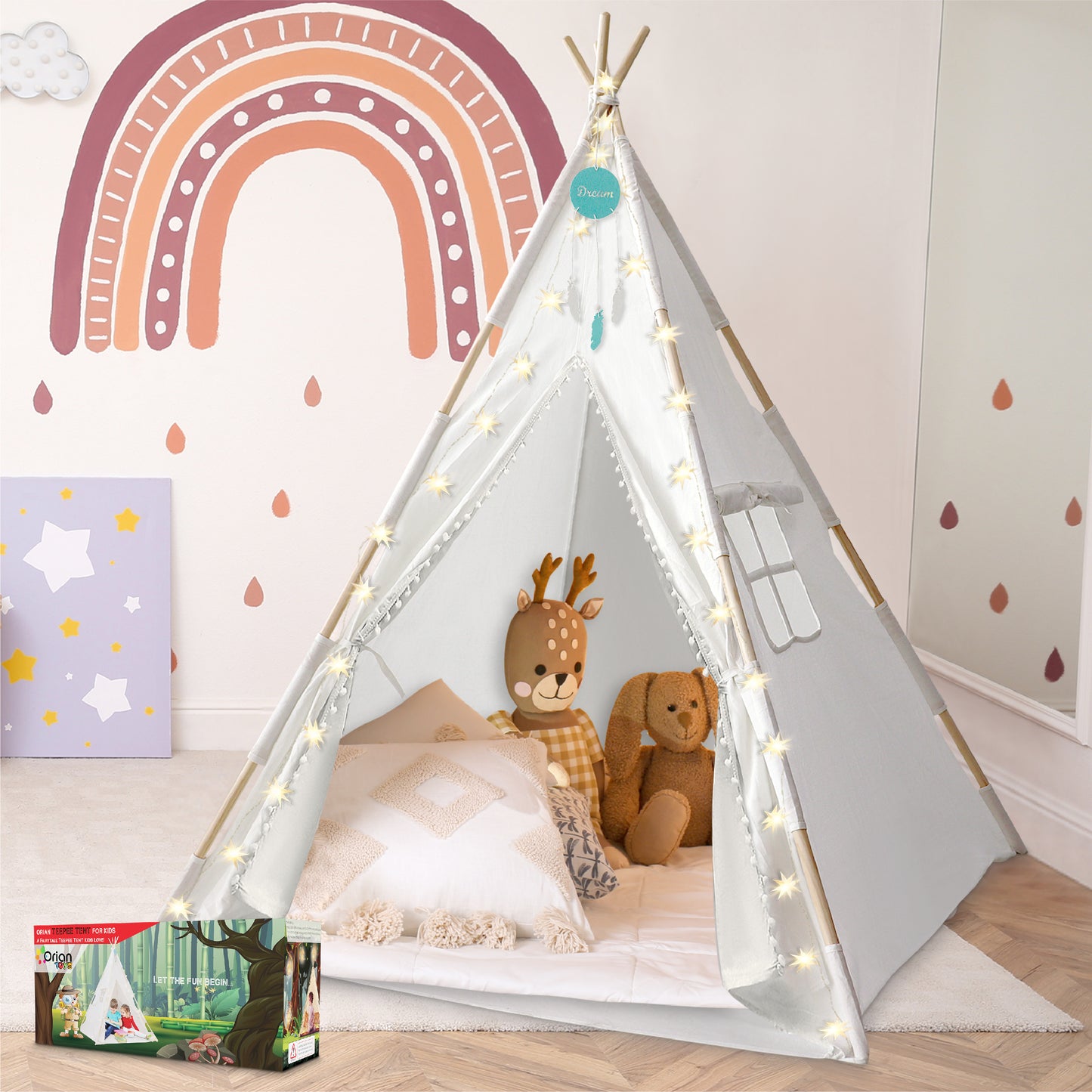 Orian Teepee Tent for Kids - A Fairytale Kids Teepee, Pompom Ball Design, with LED Star Lights, Dream Catcher - Strong Indoor Teepee for Toddlers 1-3, Kids Teepee Tent for Boys & Girls.