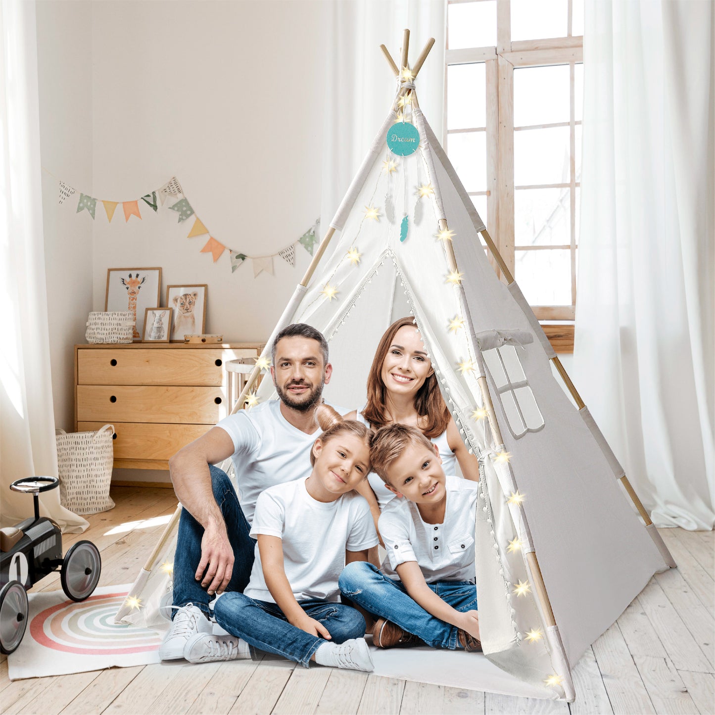 Orian Teepee Tent for Kids - A Fairytale Kids Teepee, Pompom Ball Design, with LED Star Lights, Dream Catcher - Strong Indoor Teepee for Toddlers 1-3, Kids Teepee Tent for Boys & Girls.