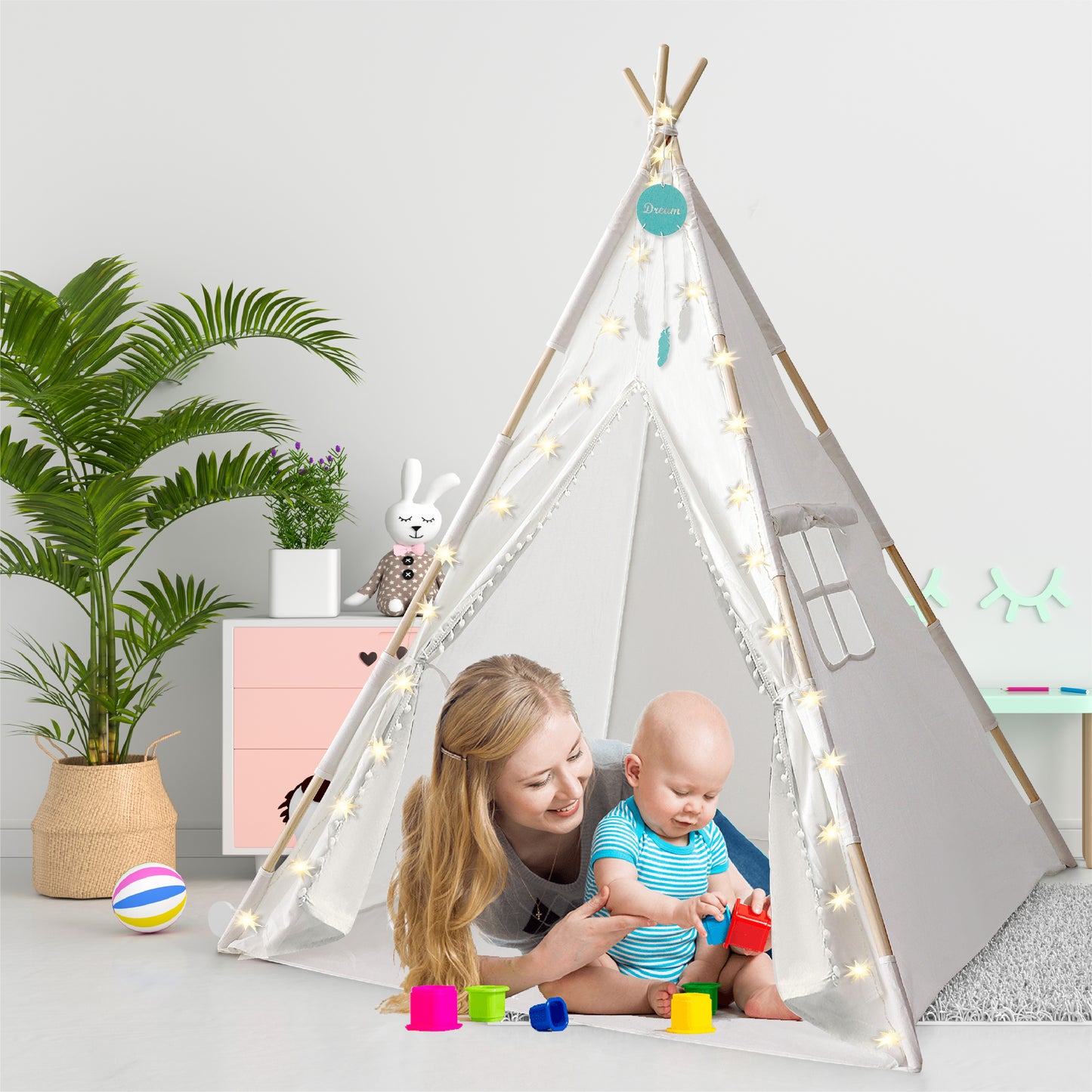 Orian Teepee Tent for Kids - A Fairytale Kids Teepee, Pompom Ball Design, with LED Star Lights, Dream Catcher - Strong Indoor Teepee for Toddlers 1-3, Kids Teepee Tent for Boys & Girls.