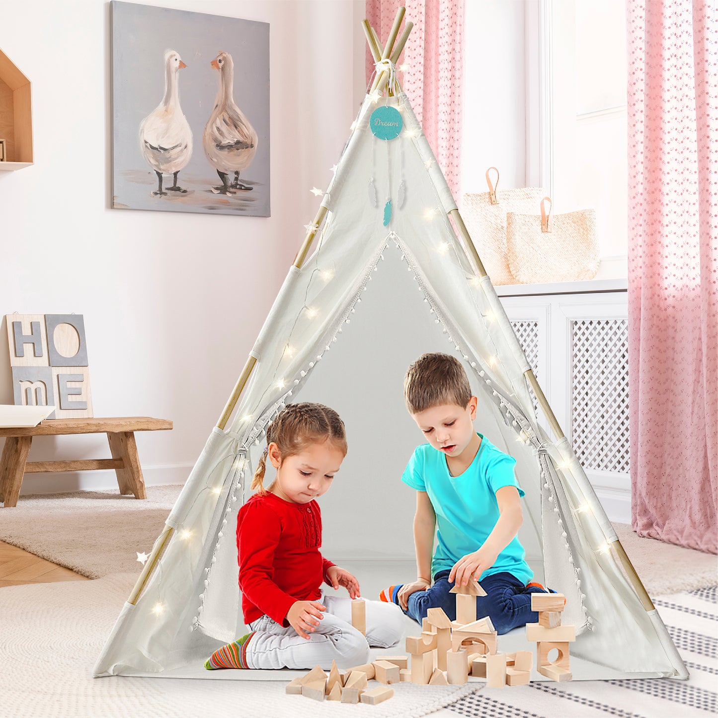 Orian Teepee Tent for Kids - A Fairytale Kids Teepee, Pompom Ball Design, with LED Star Lights, Dream Catcher - Strong Indoor Teepee for Toddlers 1-3, Kids Teepee Tent for Boys & Girls.