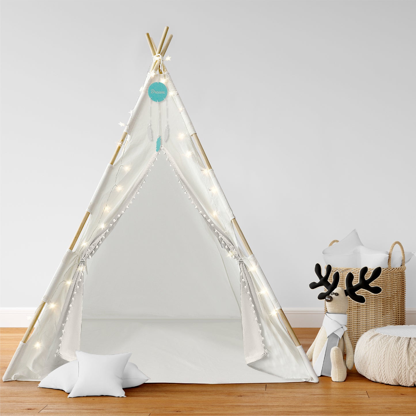 Orian Teepee Tent for Kids - A Fairytale Kids Teepee, Pompom Ball Design, with LED Star Lights, Dream Catcher - Strong Indoor Teepee for Toddlers 1-3, Kids Teepee Tent for Boys & Girls.