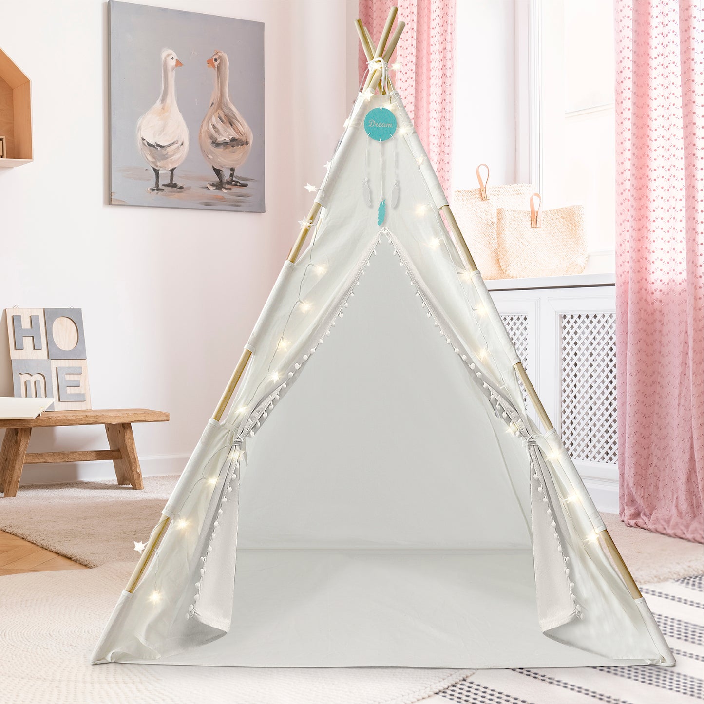 Orian Teepee Tent for Kids - A Fairytale Kids Teepee, Pompom Ball Design, with LED Star Lights, Dream Catcher - Strong Indoor Teepee for Toddlers 1-3, Kids Teepee Tent for Boys & Girls.