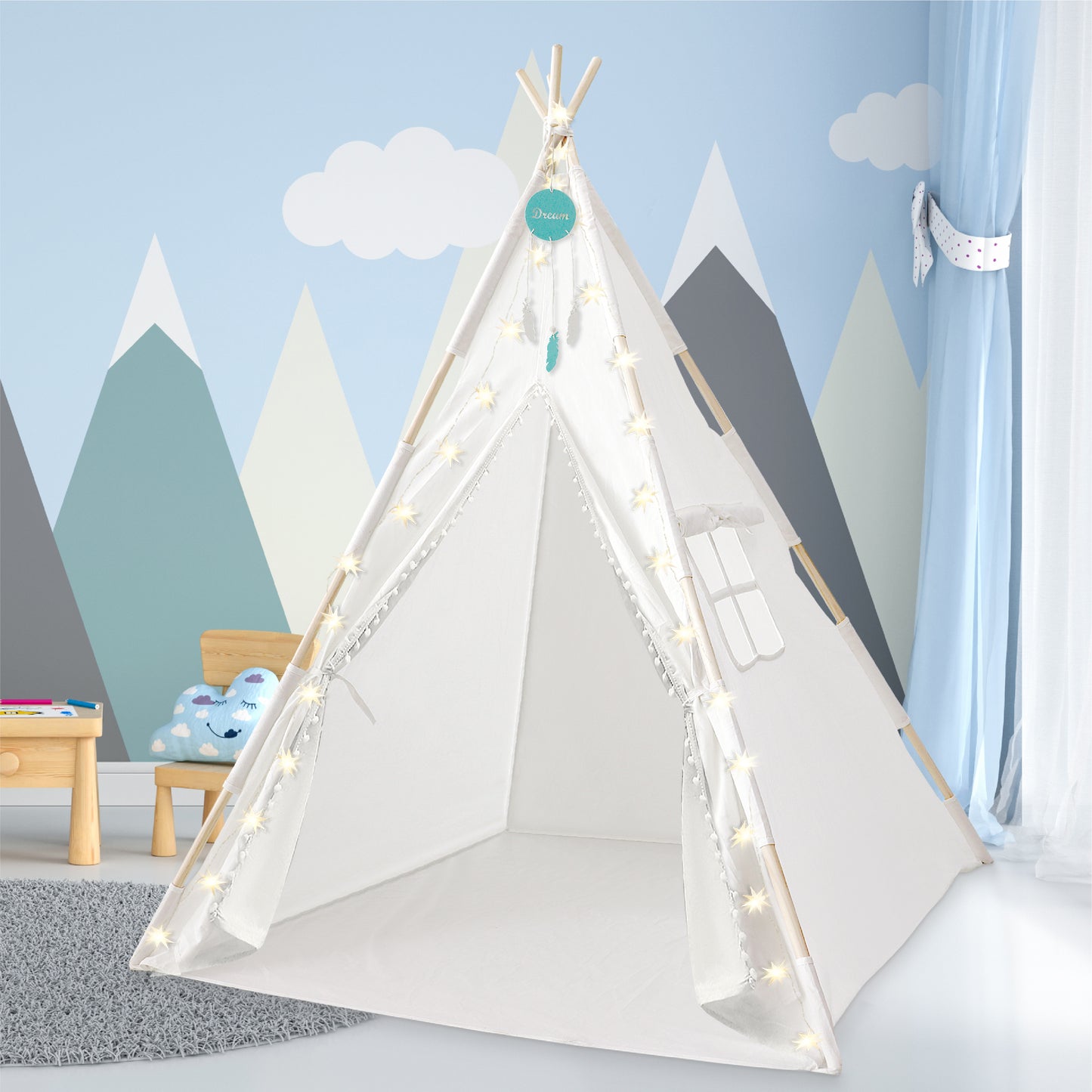 Orian Teepee Tent for Kids - A Fairytale Kids Teepee, Pompom Ball Design, with LED Star Lights, Dream Catcher - Strong Indoor Teepee for Toddlers 1-3, Kids Teepee Tent for Boys & Girls.