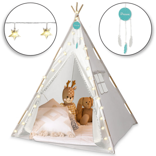 Orian Teepee Tent for Kids - A Fairytale Kids Teepee, Pompom Ball Design, with LED Star Lights, Dream Catcher - Strong Indoor Teepee for Toddlers 1-3, Kids Teepee Tent for Boys & Girls.