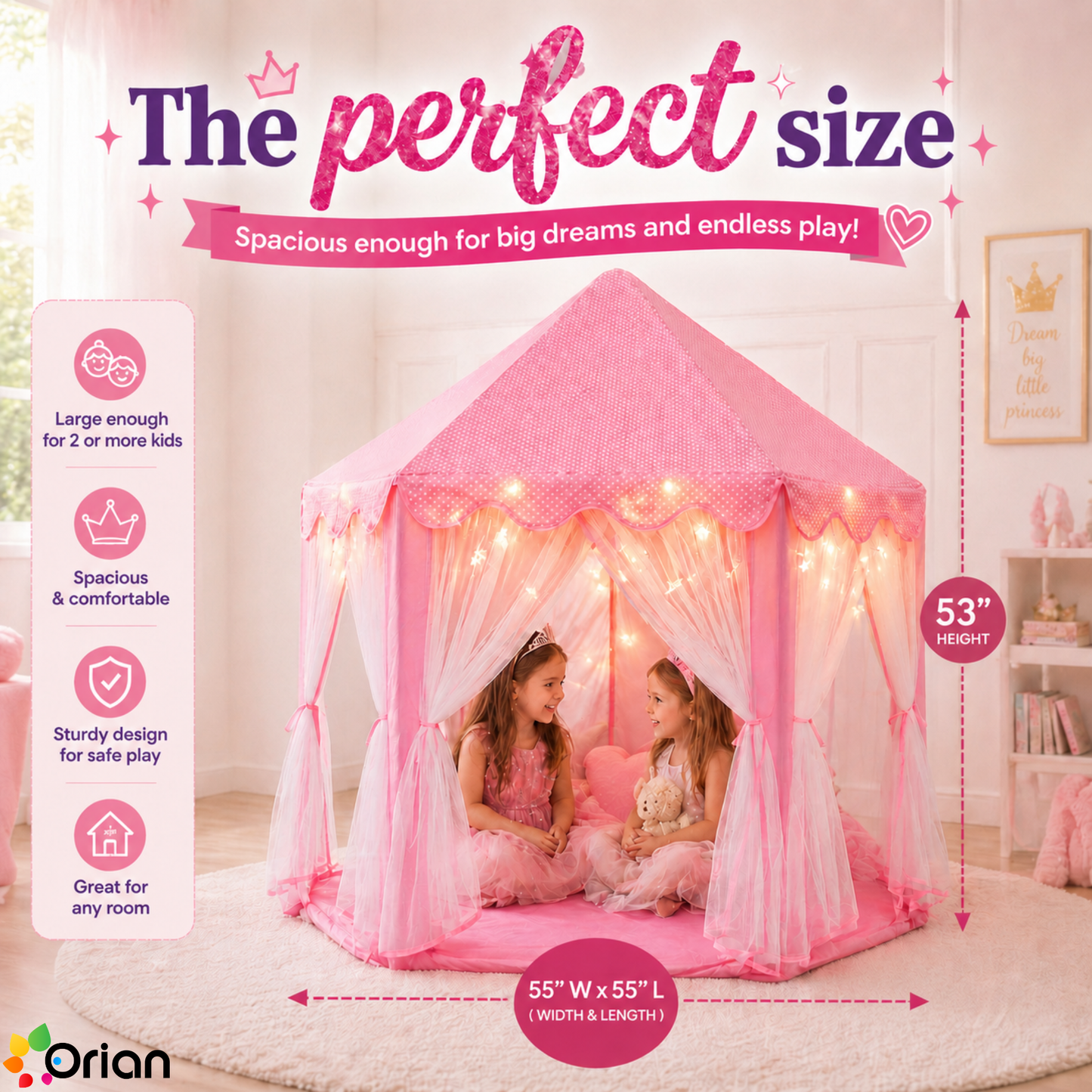 ORIAN Princess Castle Playhouse Tent for Girls with LED Star Lights – Indoor & Outdoor Large Kids Play Tent for Imaginative Games – ASTM Certified, 230 Polyester Taffeta. Pink 55"x53".