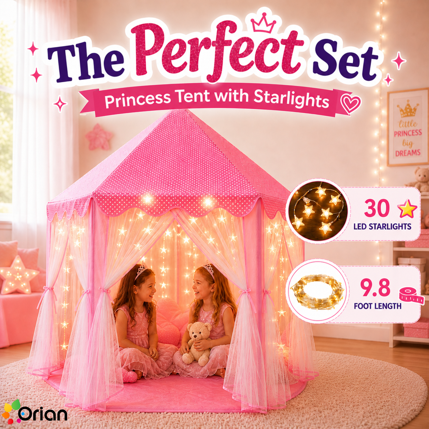 ORIAN Princess Castle Playhouse Tent for Girls with LED Star Lights – Indoor & Outdoor Large Kids Play Tent for Imaginative Games – ASTM Certified, 230 Polyester Taffeta. Pink 55"x53".