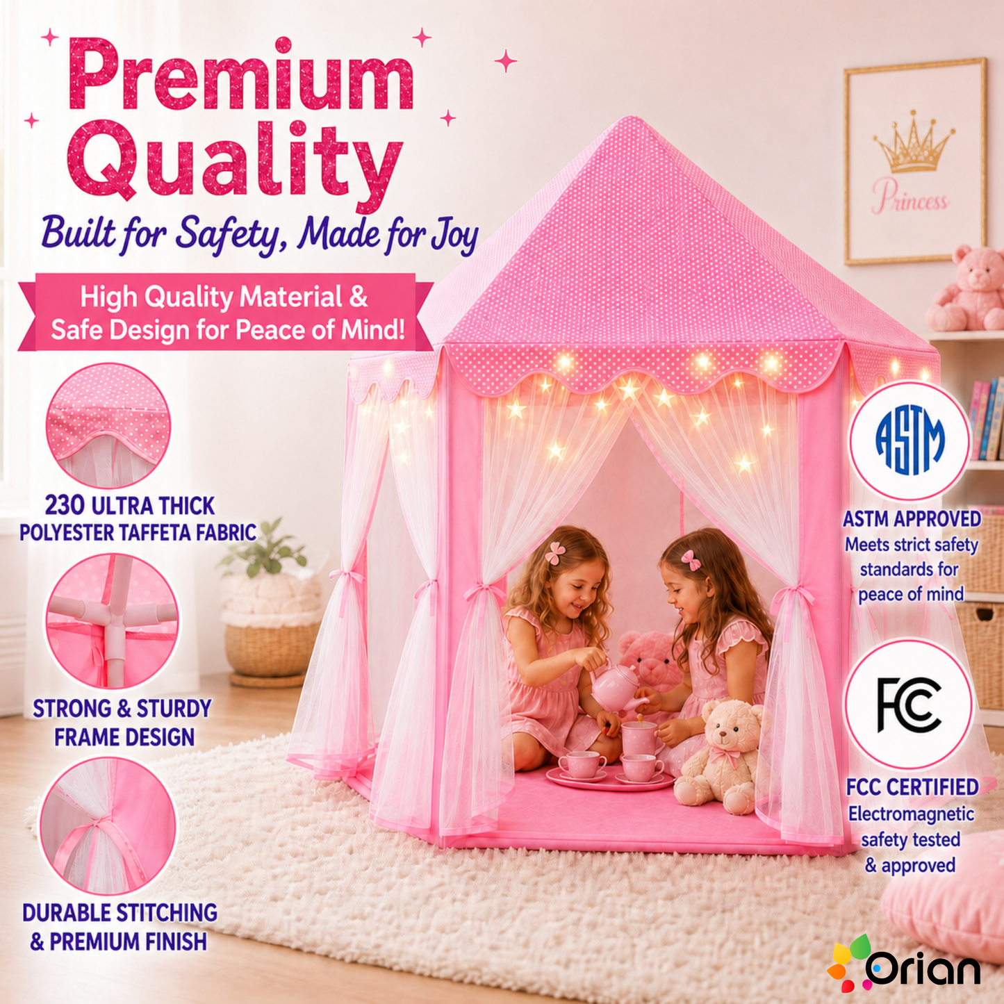 ORIAN Princess Castle Playhouse Tent for Girls with LED Star Lights – Indoor & Outdoor Large Kids Play Tent for Imaginative Games – ASTM Certified, 230 Polyester Taffeta. Pink 55"x53".