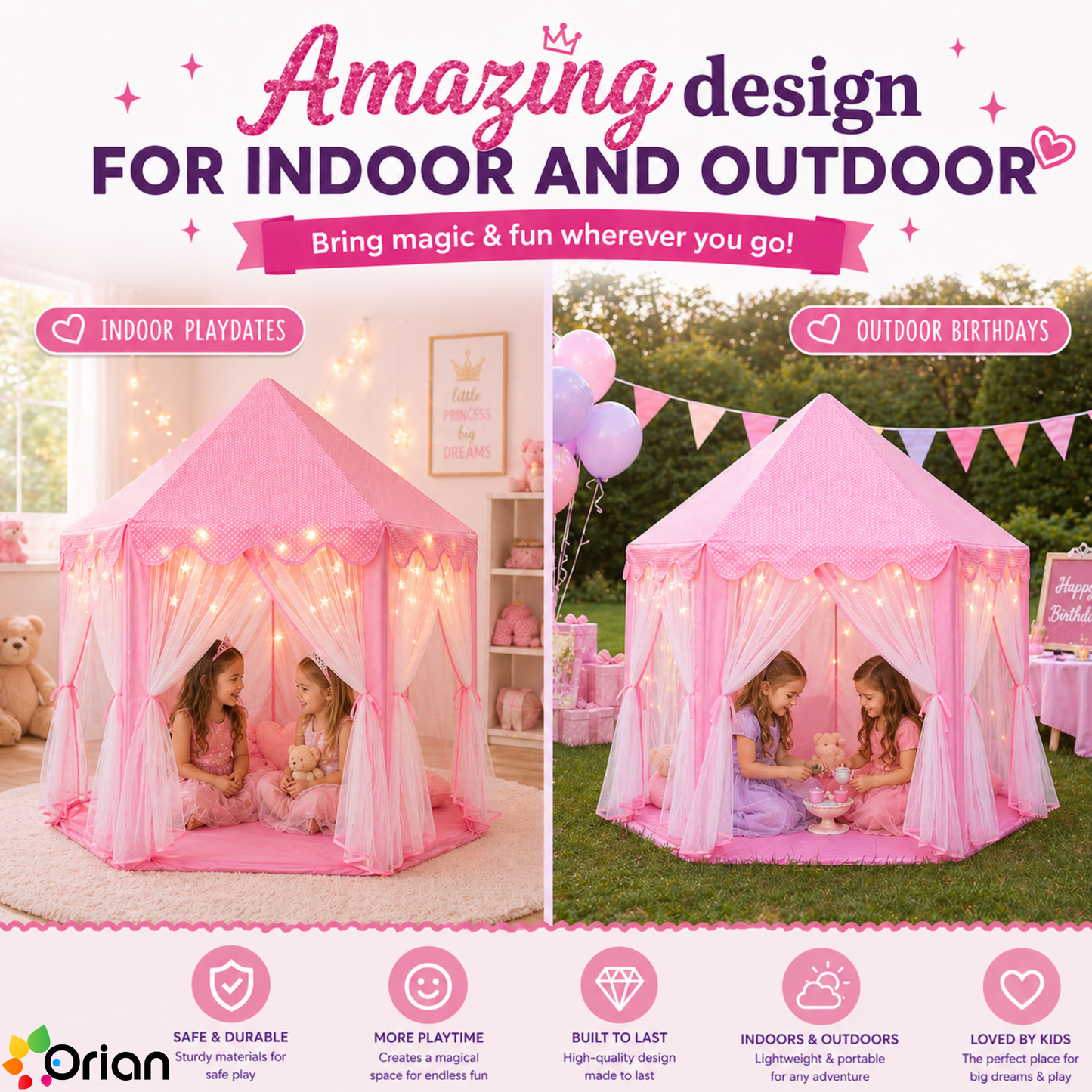 ORIAN Princess Castle Playhouse Tent for Girls with LED Star Lights – Indoor & Outdoor Large Kids Play Tent for Imaginative Games – ASTM Certified, 230 Polyester Taffeta. Pink 55"x53".