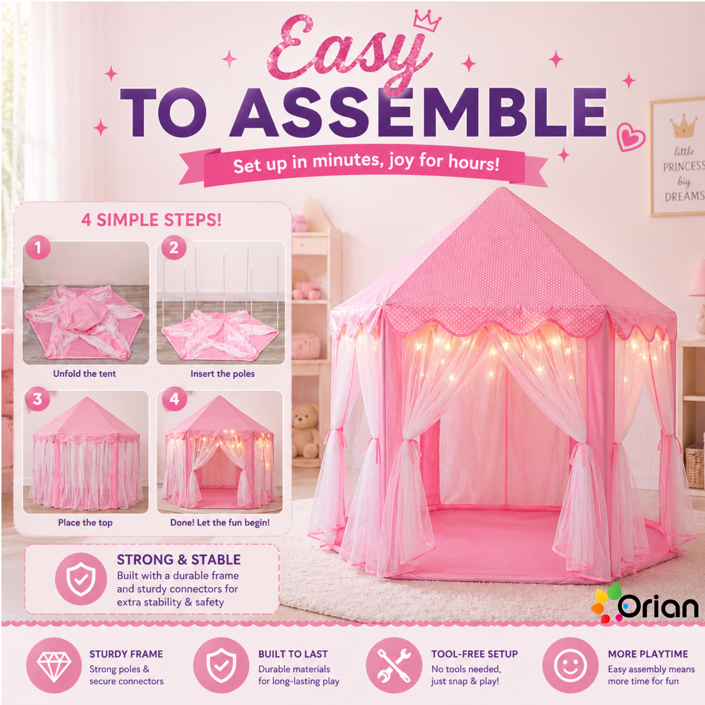 ORIAN Princess Castle Playhouse Tent for Girls with LED Star Lights – Indoor & Outdoor Large Kids Play Tent for Imaginative Games – ASTM Certified, 230 Polyester Taffeta. Pink 55"x53".