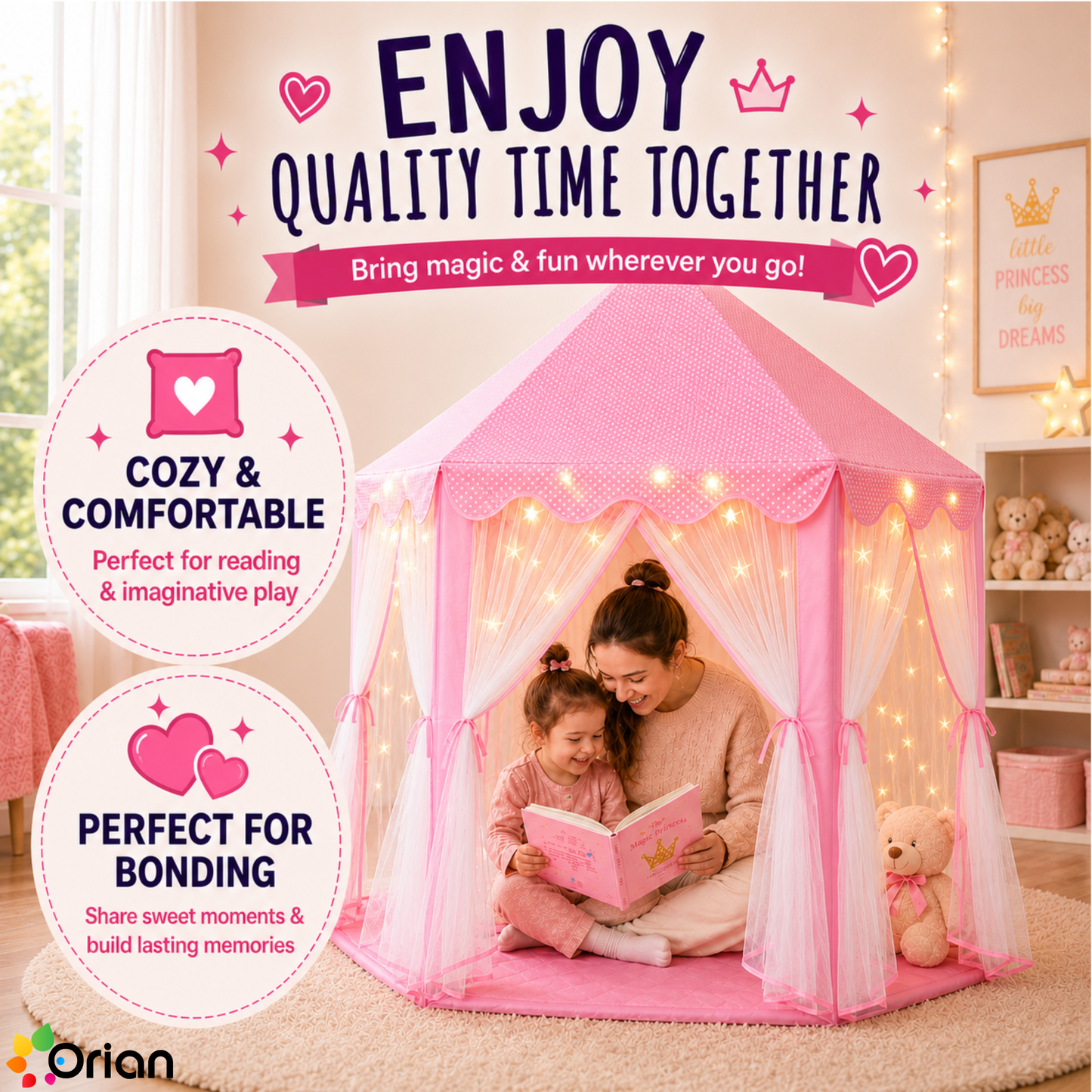 ORIAN Princess Castle Playhouse Tent for Girls with LED Star Lights – Indoor & Outdoor Large Kids Play Tent for Imaginative Games – ASTM Certified, 230 Polyester Taffeta. Pink 55"x53".