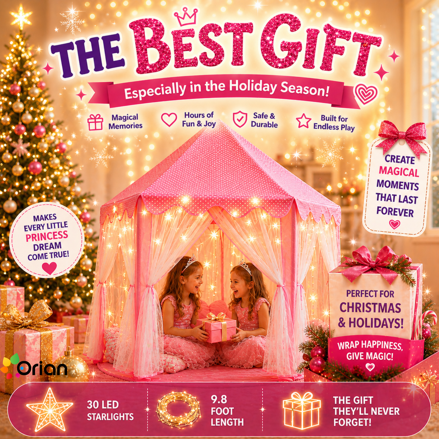 ORIAN Princess Castle Playhouse Tent for Girls with LED Star Lights – Indoor & Outdoor Large Kids Play Tent for Imaginative Games – ASTM Certified, 230 Polyester Taffeta. Pink 55"x53".