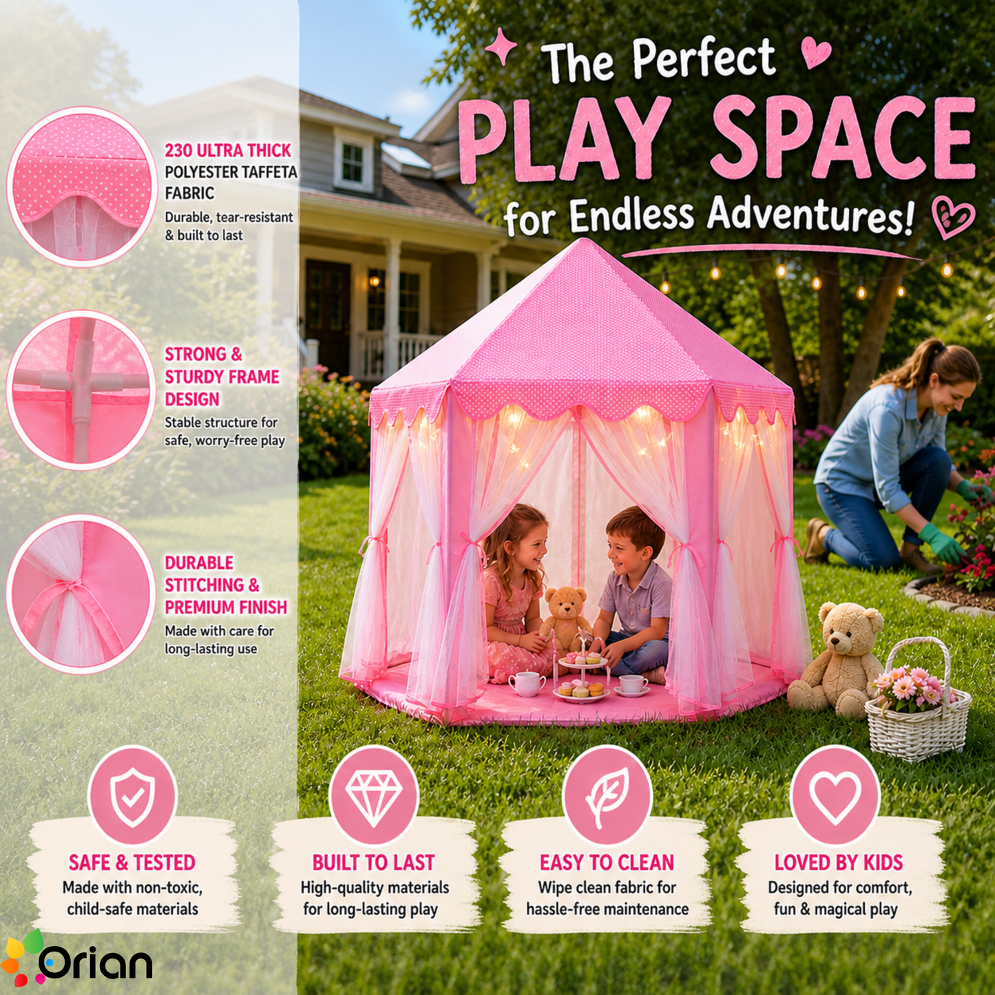 ORIAN Princess Castle Playhouse Tent for Girls with LED Star Lights – Indoor & Outdoor Large Kids Play Tent for Imaginative Games – ASTM Certified, 230 Polyester Taffeta. Pink 55"x53".