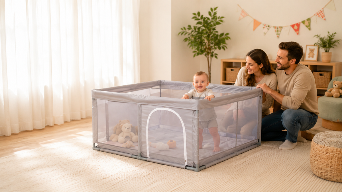 Parents smiling at their baby standing in an ORIAN playpen