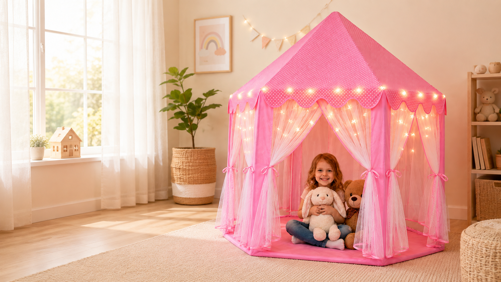 Girl with plush toys inside a pink ORIAN princess tent with lights