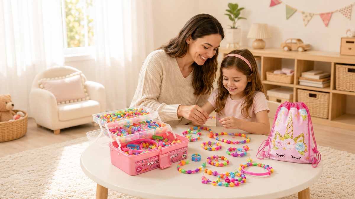 Mom and daughter making pop bead jewelry together at a wooden table