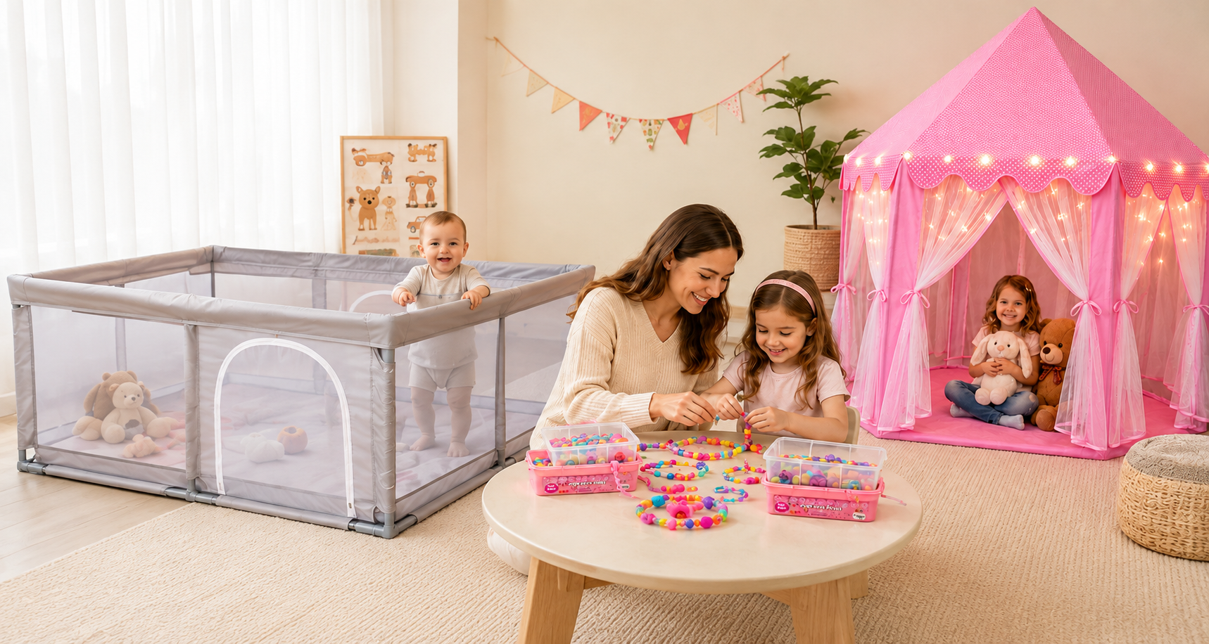 Mom and kids playing at home — baby in an ORIAN playpen, girls making pop beads and playing in a princess tent