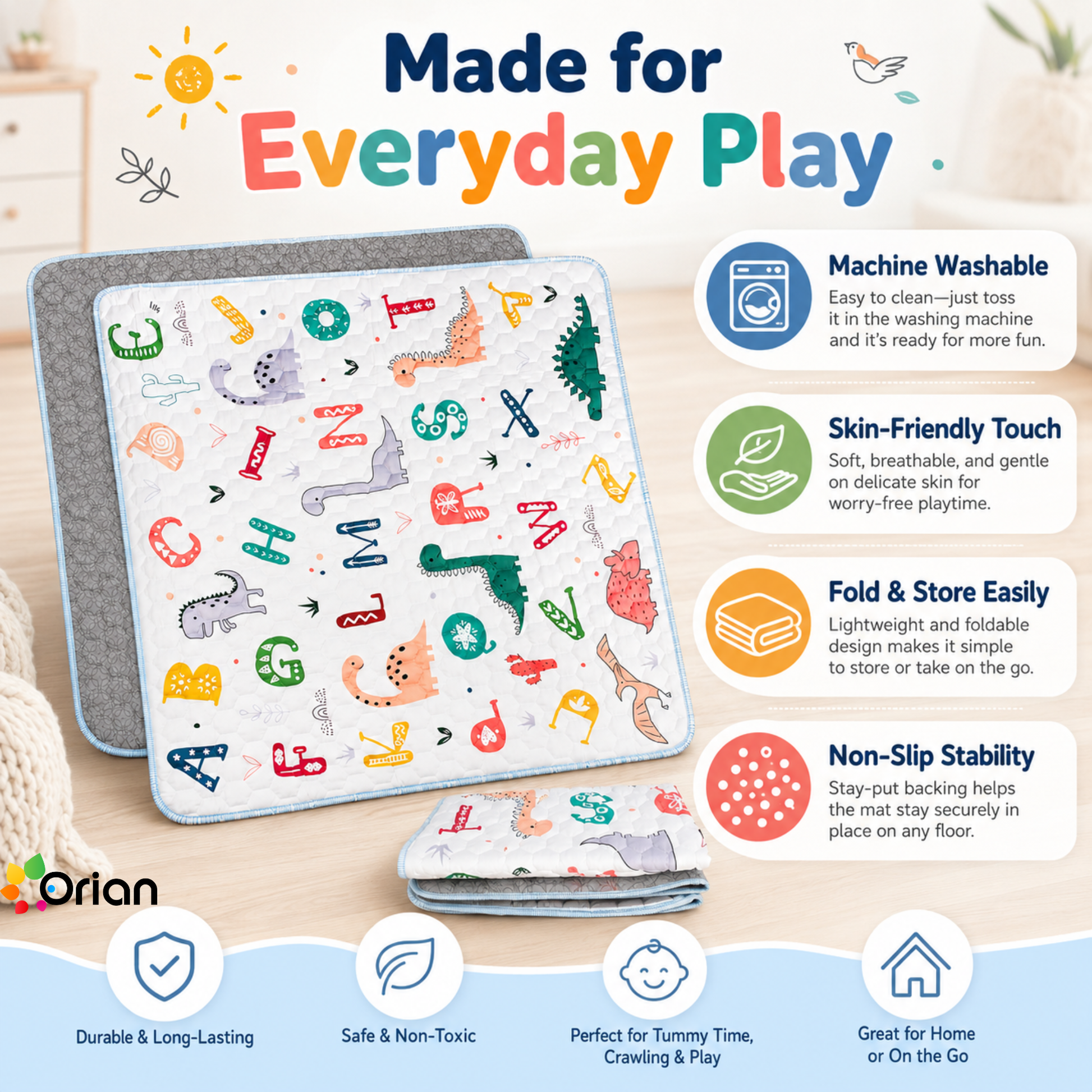 Orian non-slip baby play mat with dinosaur print