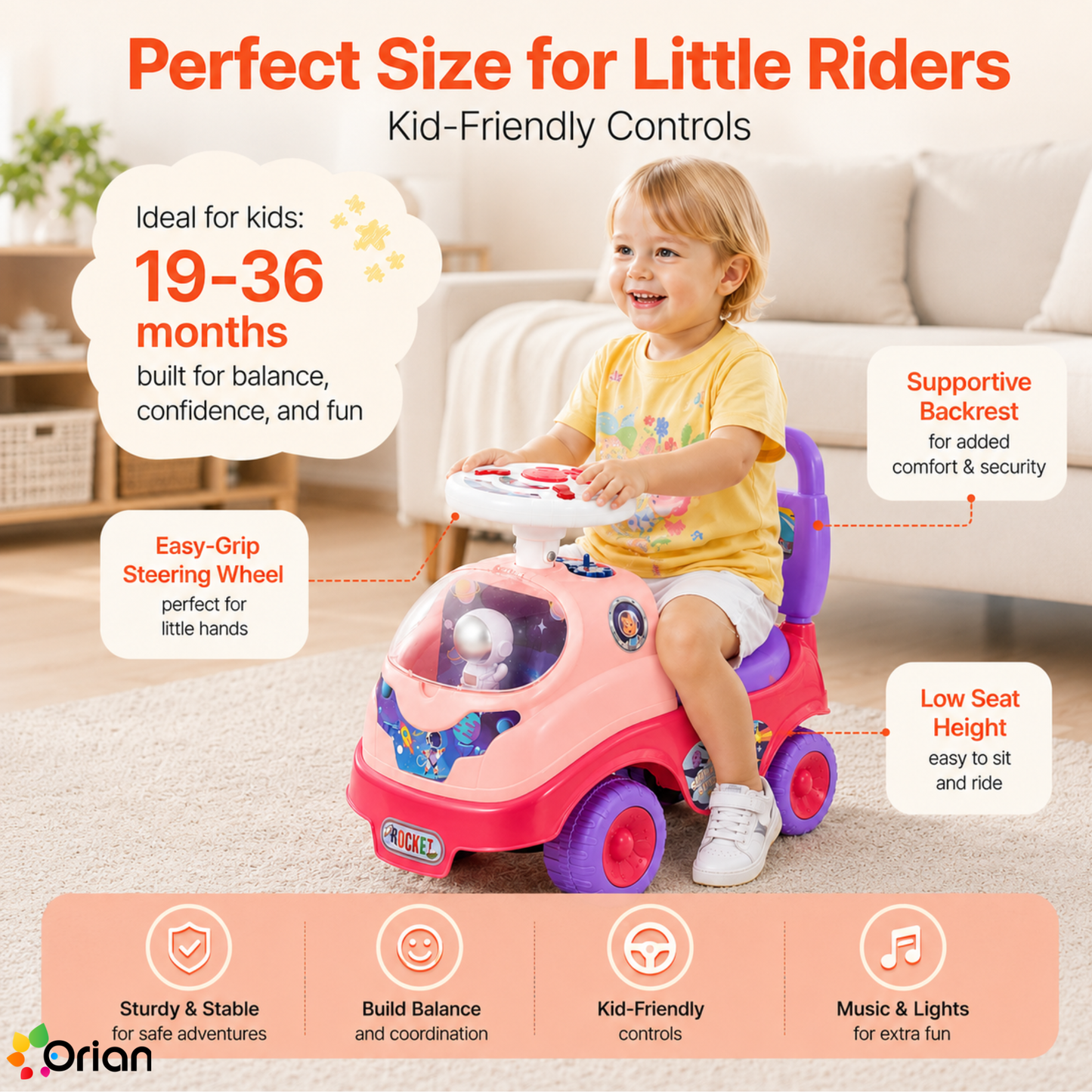 Orian toddler ride-on push car in pink
