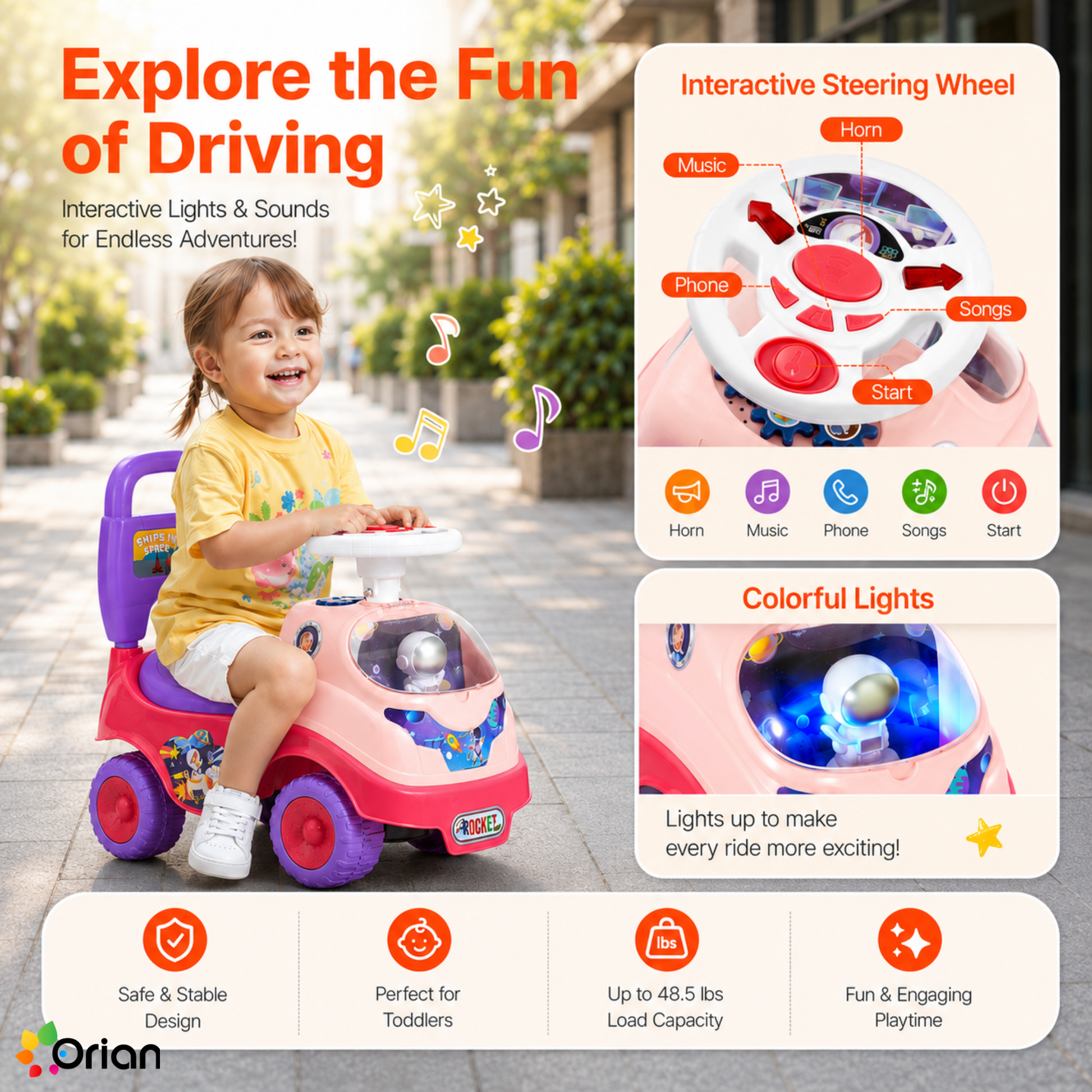Orian toddler ride-on push car in pink