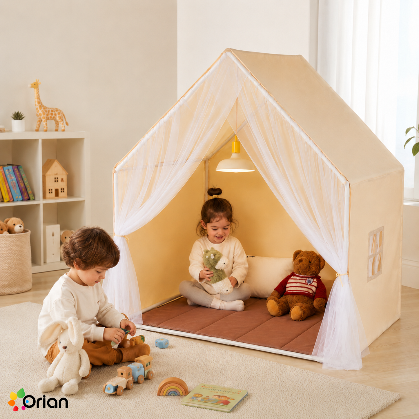 Orian beige kids yurt play tent with mat and lamp